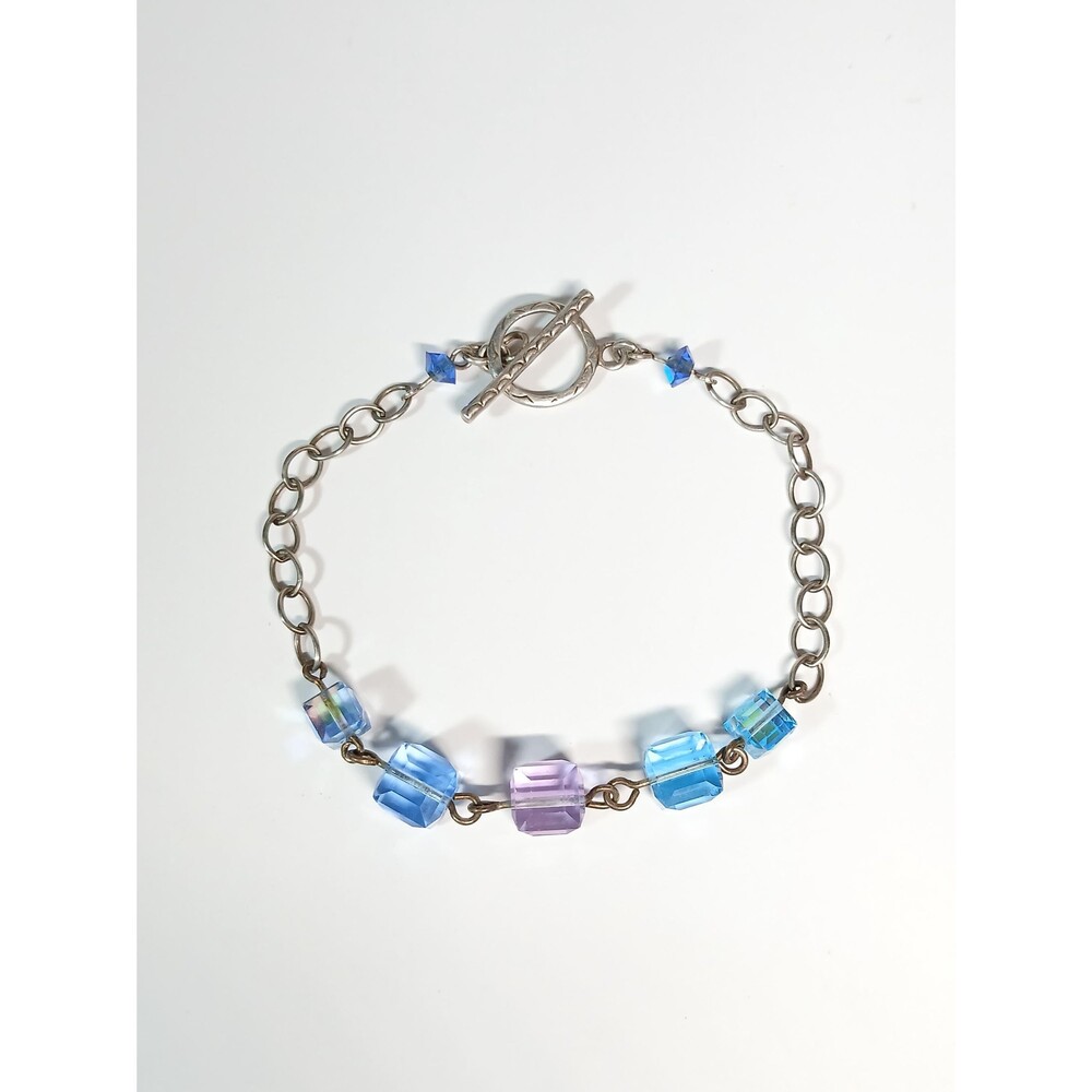 Sterling Silver Faceted Blue Purple Glass Beads Toggle Bracelet